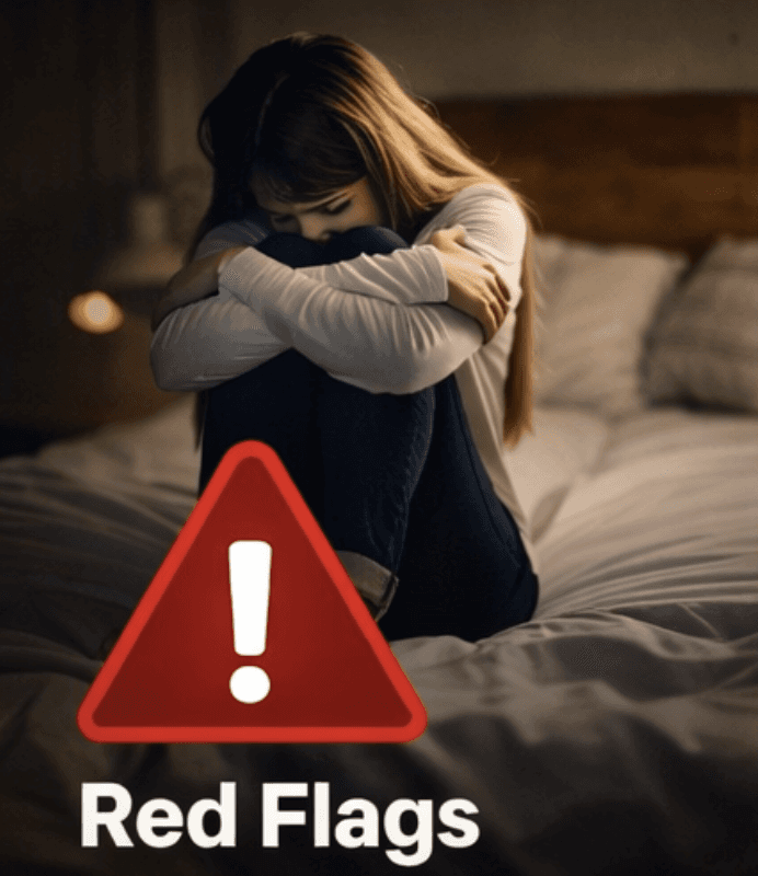 eine frau ist gestresst und sitzt auf einem bett