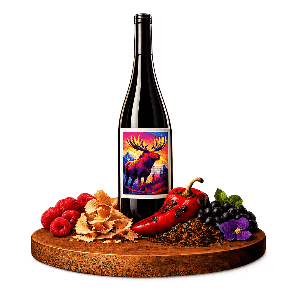 Artistic label and flavor profile for Canadian Cabernet Franc on a rustic wooden table.