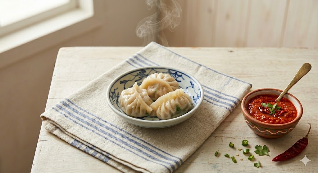 A top-down view of three steaming Nepalese steamed momo dumplings served in a blue and white ceramic bowl on a striped linen napkin, with a side of spicy red chili chutney, garnishes, and a dried red chili on a rustic wooden table.