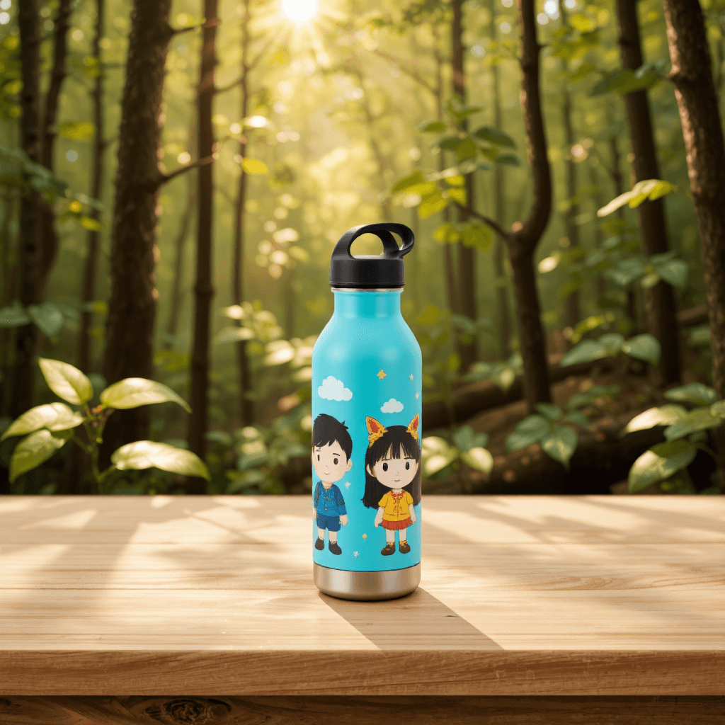 product photography of a bottle of water with a decorative cover featuring cartoon characters