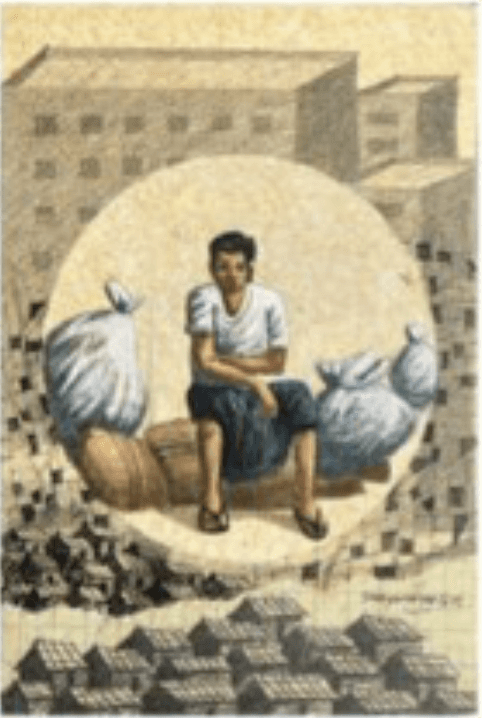 herd of sheep on road painting