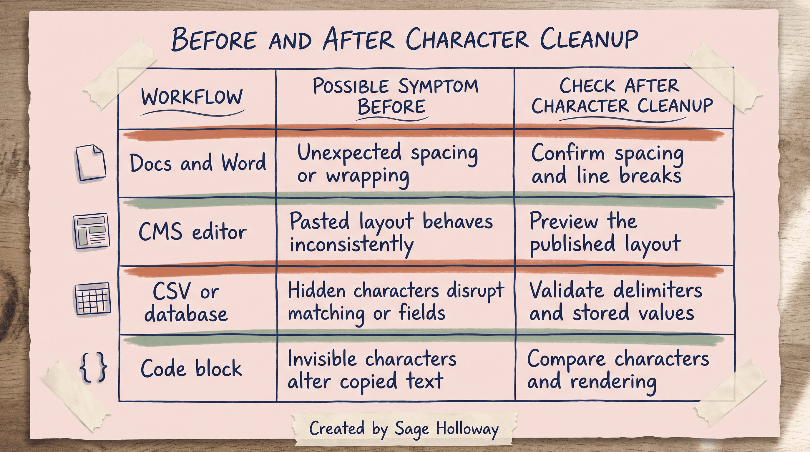 Before and after cleanup table for documents, CMS editors, CSV, databases, and code blocks
