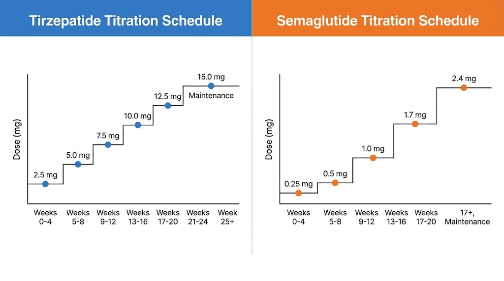 Dose titration comparison chart showing tirzepatide and semaglutide escalation schedules for switching between weight loss medications