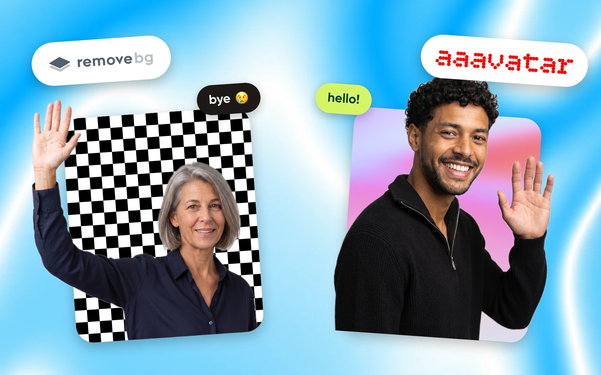 A woman on a checkerboard waves bye to the remove.bg logo, and a man on a pastel gradient waves hello to the aaavatar wordmark