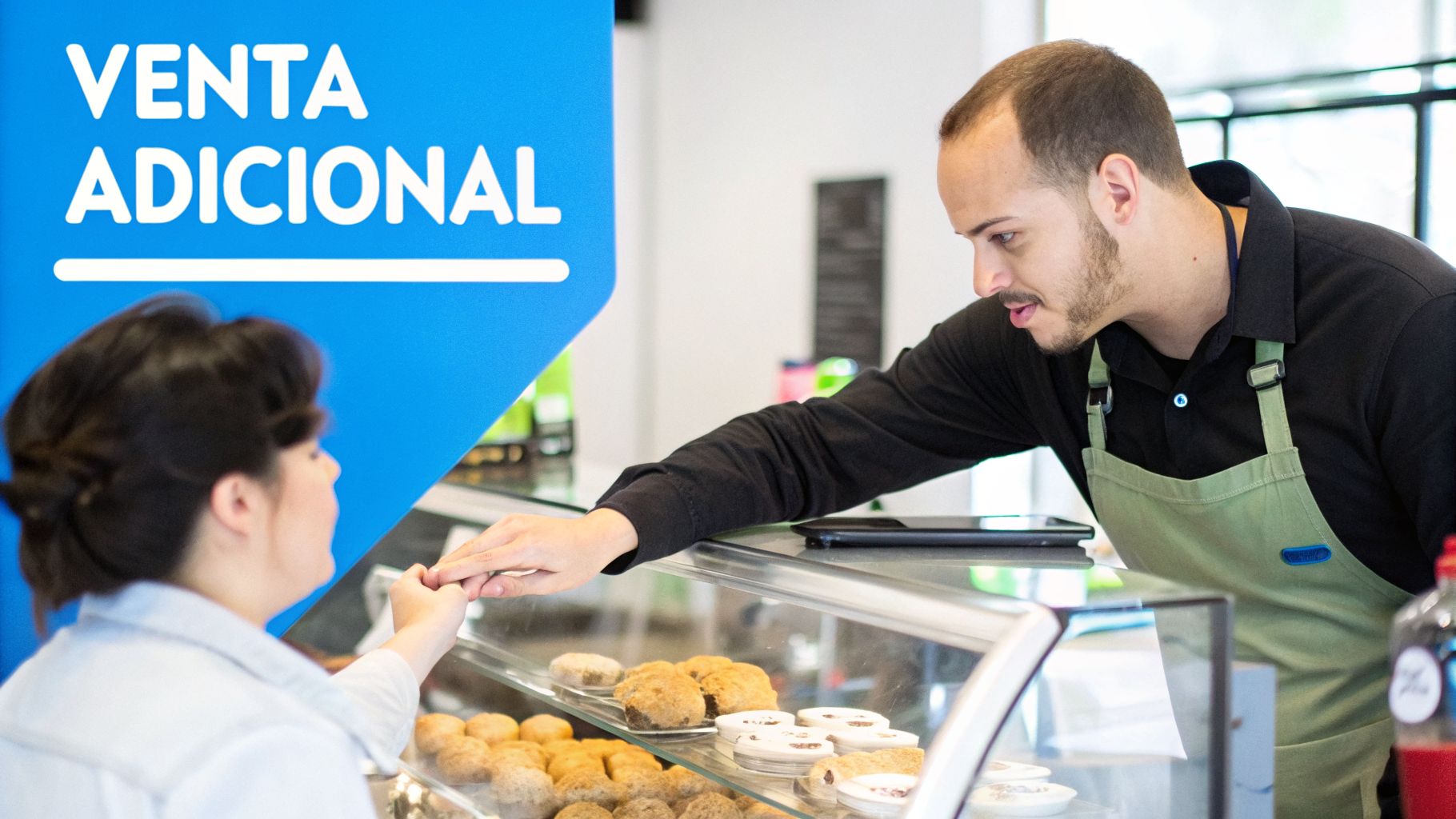 Un barista sirviendo a una clienta en una cafetería con un letrero de 'Venta Adicional'.