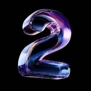 3D glass number 2 with iridescent purple blue surface on black background