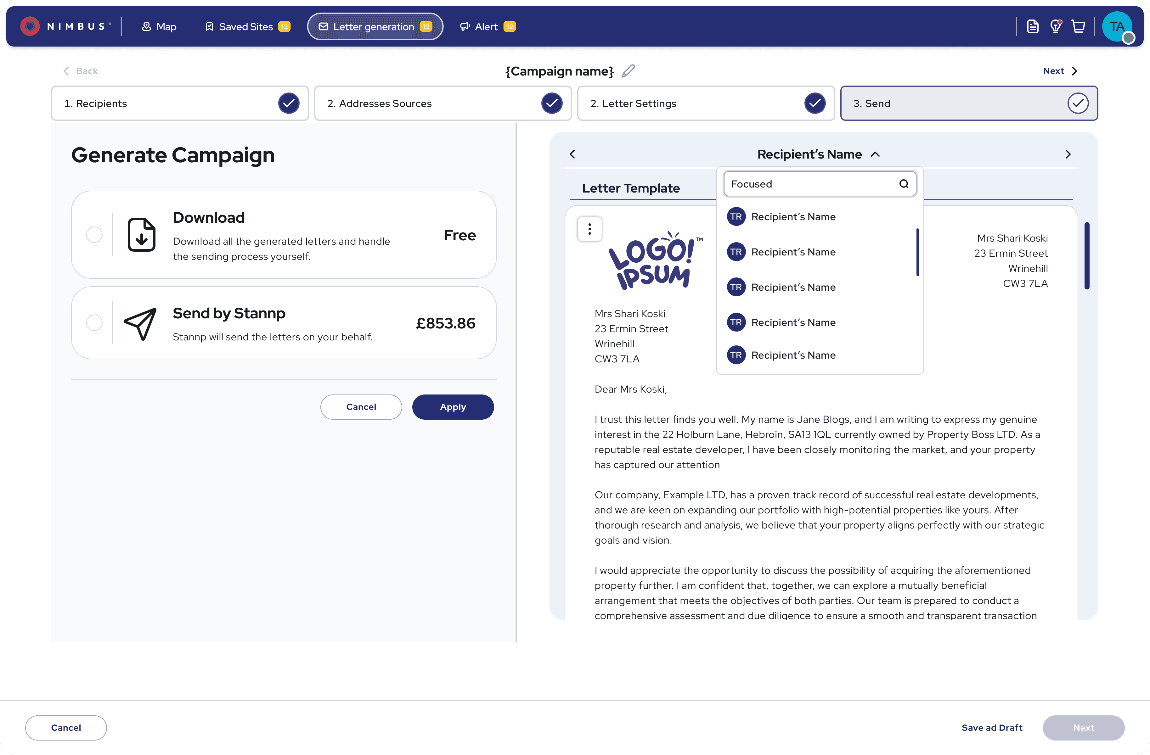 Letter generation screens