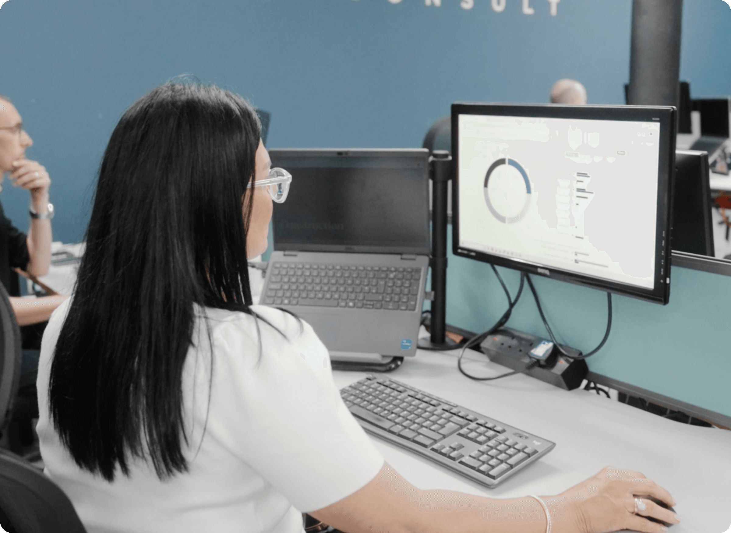 Team members reviewing a project performance dashboard in Fresh Projects