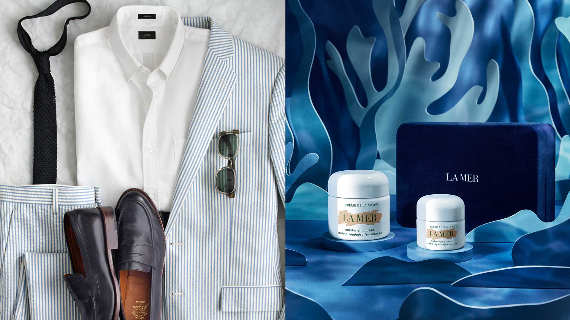 diptych of formal clothes to the left, and La Mer packaging design on the right