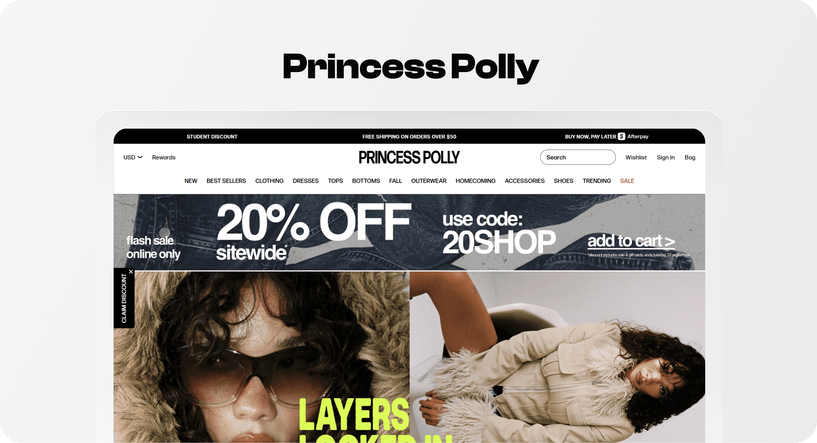 Princess Polly homepage with clothing category navigation, search and a sitewide promotional offer.
