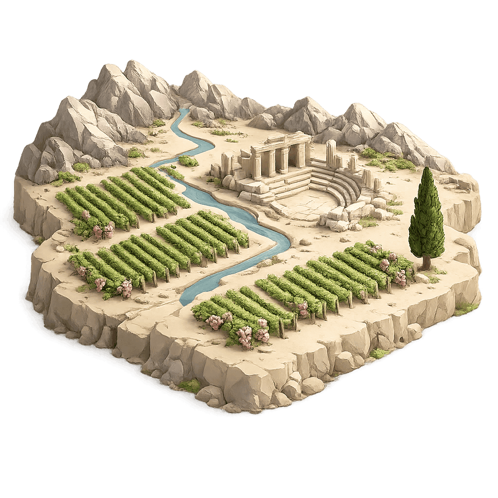 Artistic illustration of the Mantinia wine region.