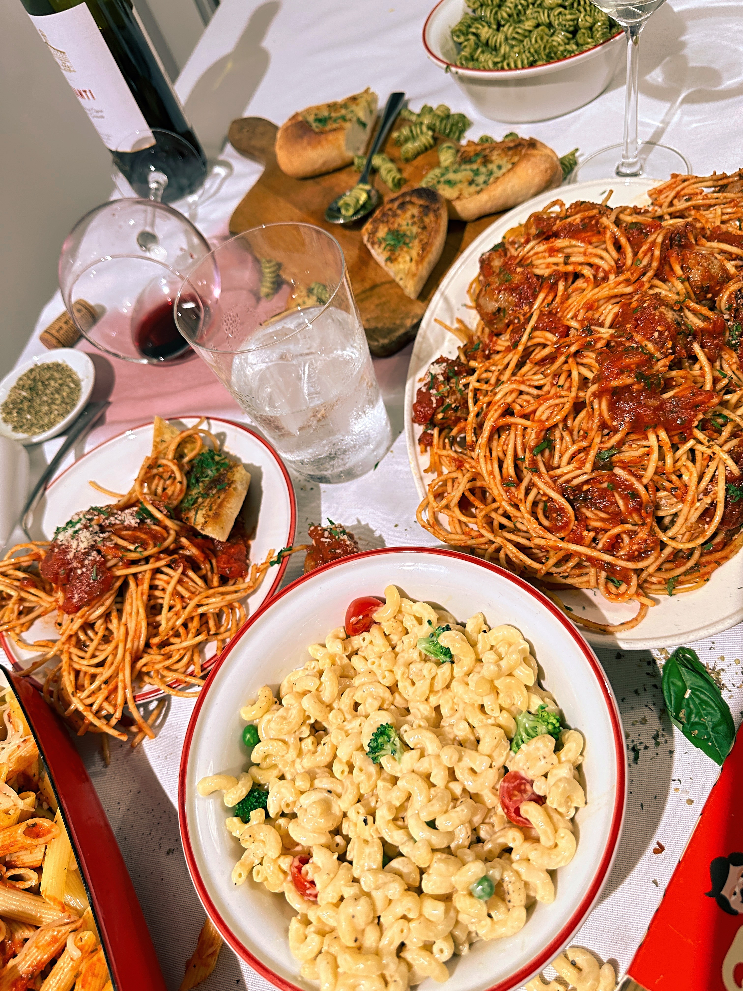 Behind the scenes view of the Pete’s Pasta white table set