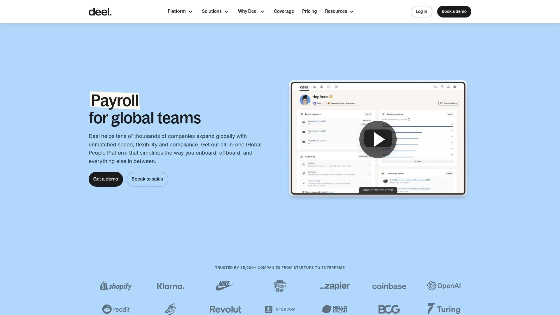 Deel homepage showcasing global payroll platform with customer logos including Shopify and Nike