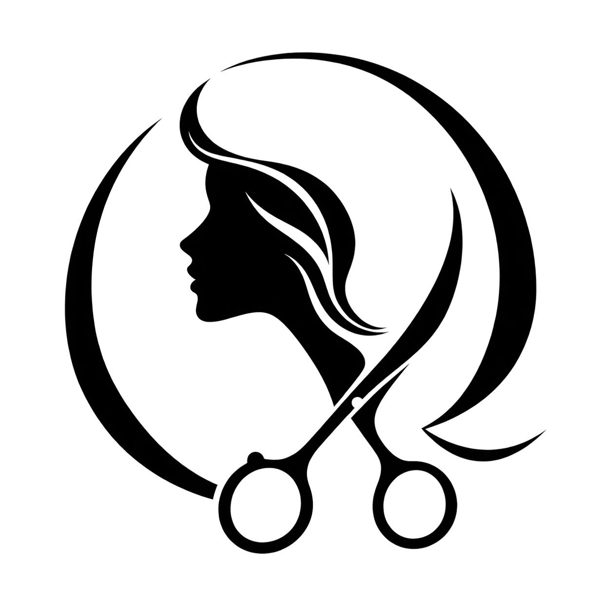 MÈCHE emblem with flowing hair, a profile and scissors