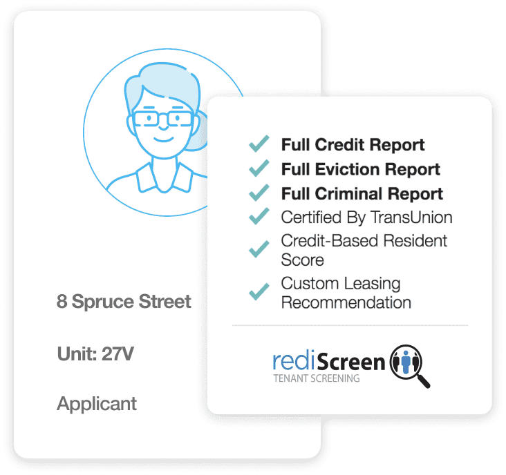 auto-tenant screening image: rediScreen tenant screening image with text that reads: full credit report, full eviction report, full criminal report, certified by TransUnion, credit-based resident score, custom leasing recommendation.