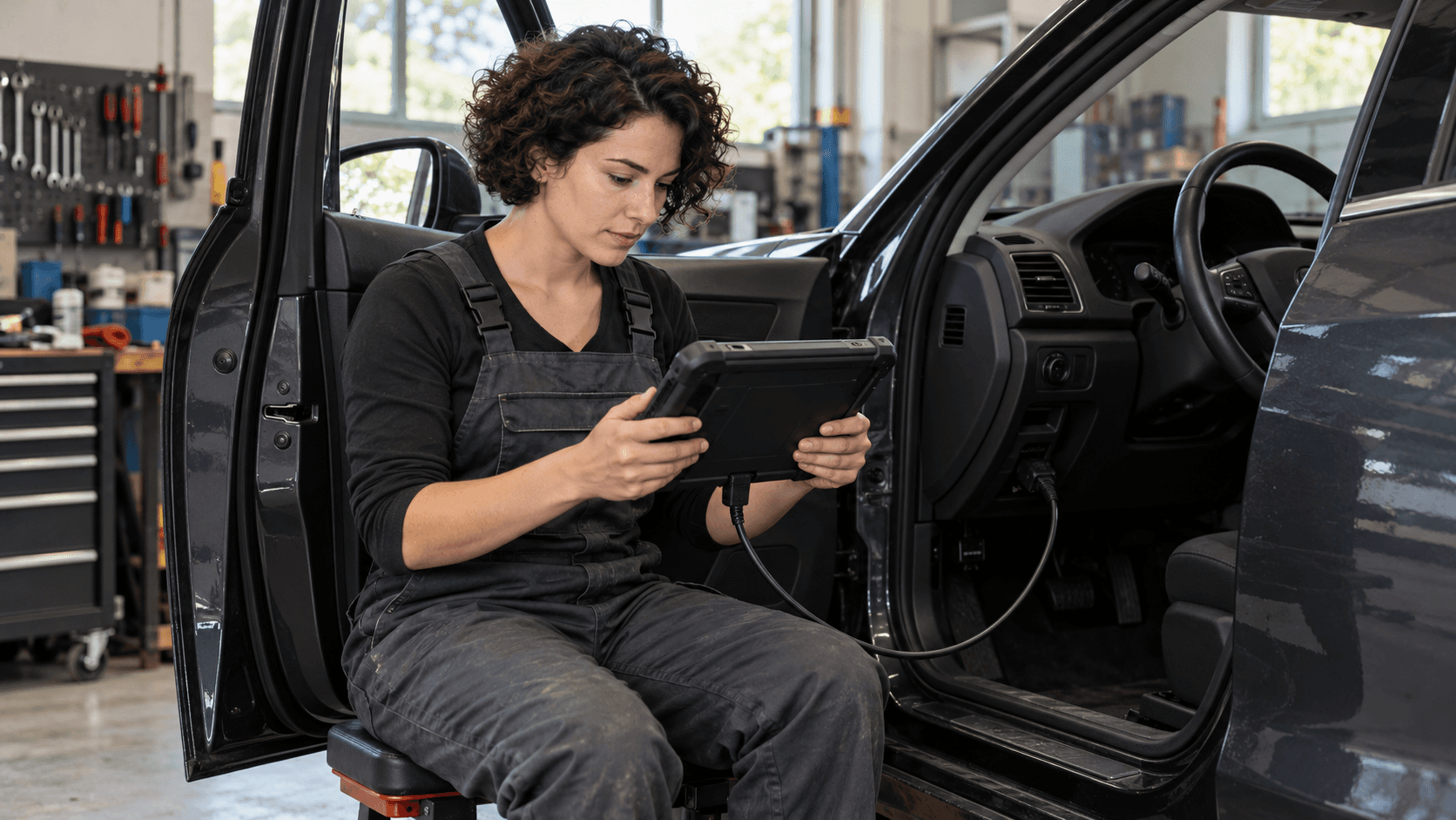 Une mécanicienne utilise un appareil de diagnostic à côté de la portière ouverte d’une voiture fictive.
