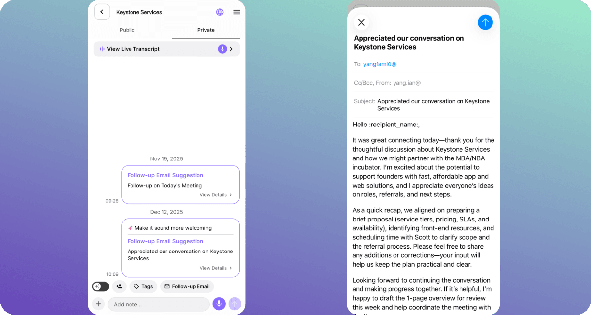 Meeting timeline showing multiple email suggestions, plus the email composer view ready to send.