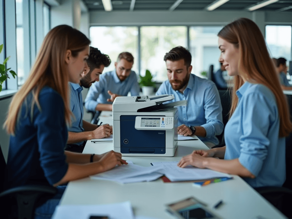 Laptops set up in different work environments: a conference room, coworking space, and remote home office, highlighting adaptability and versatility