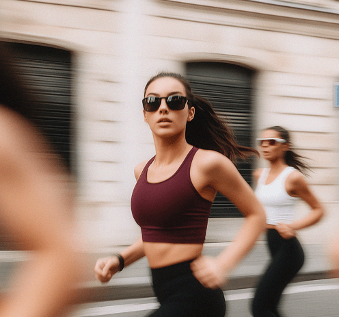 an athlete running wearing a black sunglass, brown tops and black ties