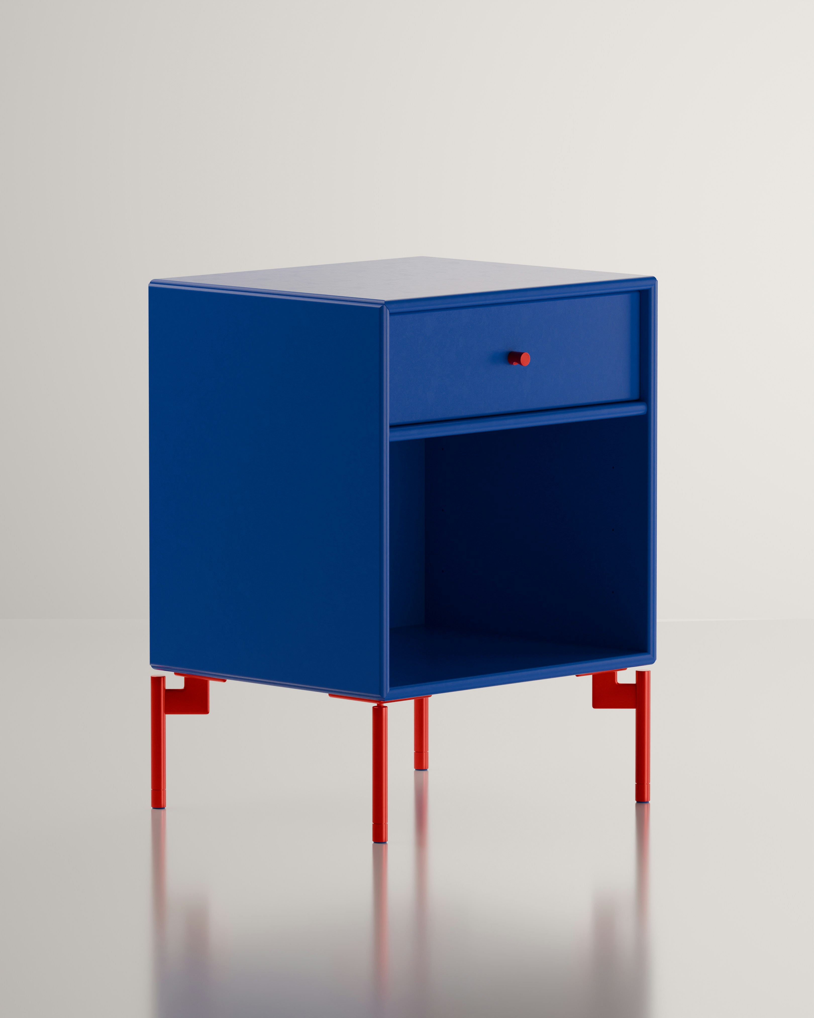Blue bedside table with a red handle and legs.