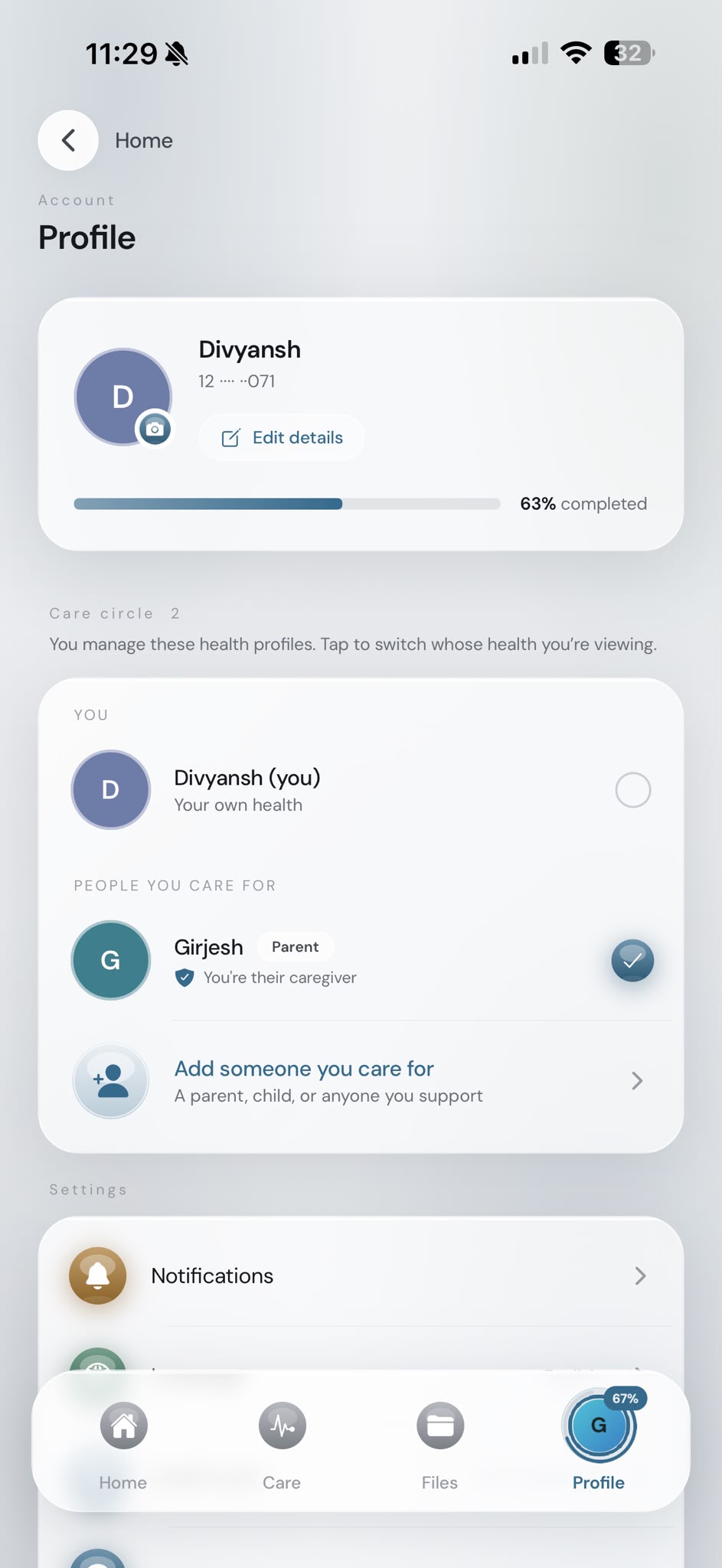 Pushpa Care Circle profile: your own profile and the people you care for, with caregiver labels
