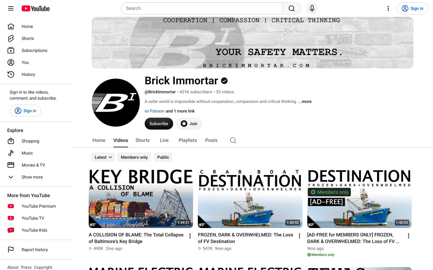 Brick Immortar channel page listing maritime and engineering disaster breakdowns