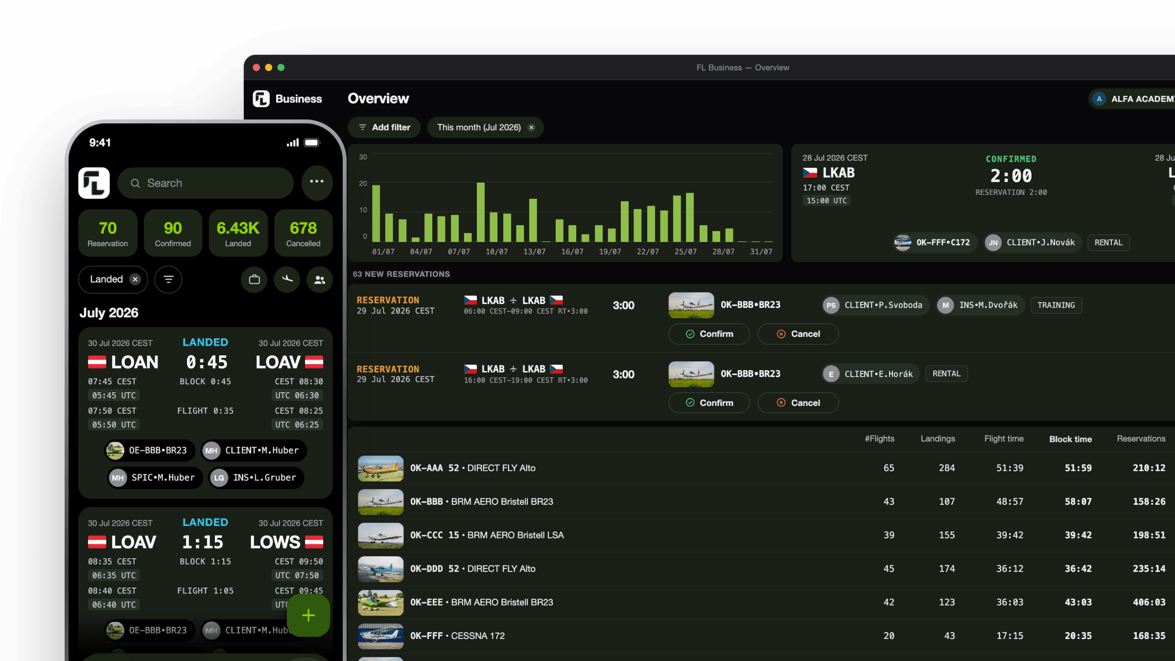 FLYLOG.io flying club app on iPhone and desktop showing aircraft bookings