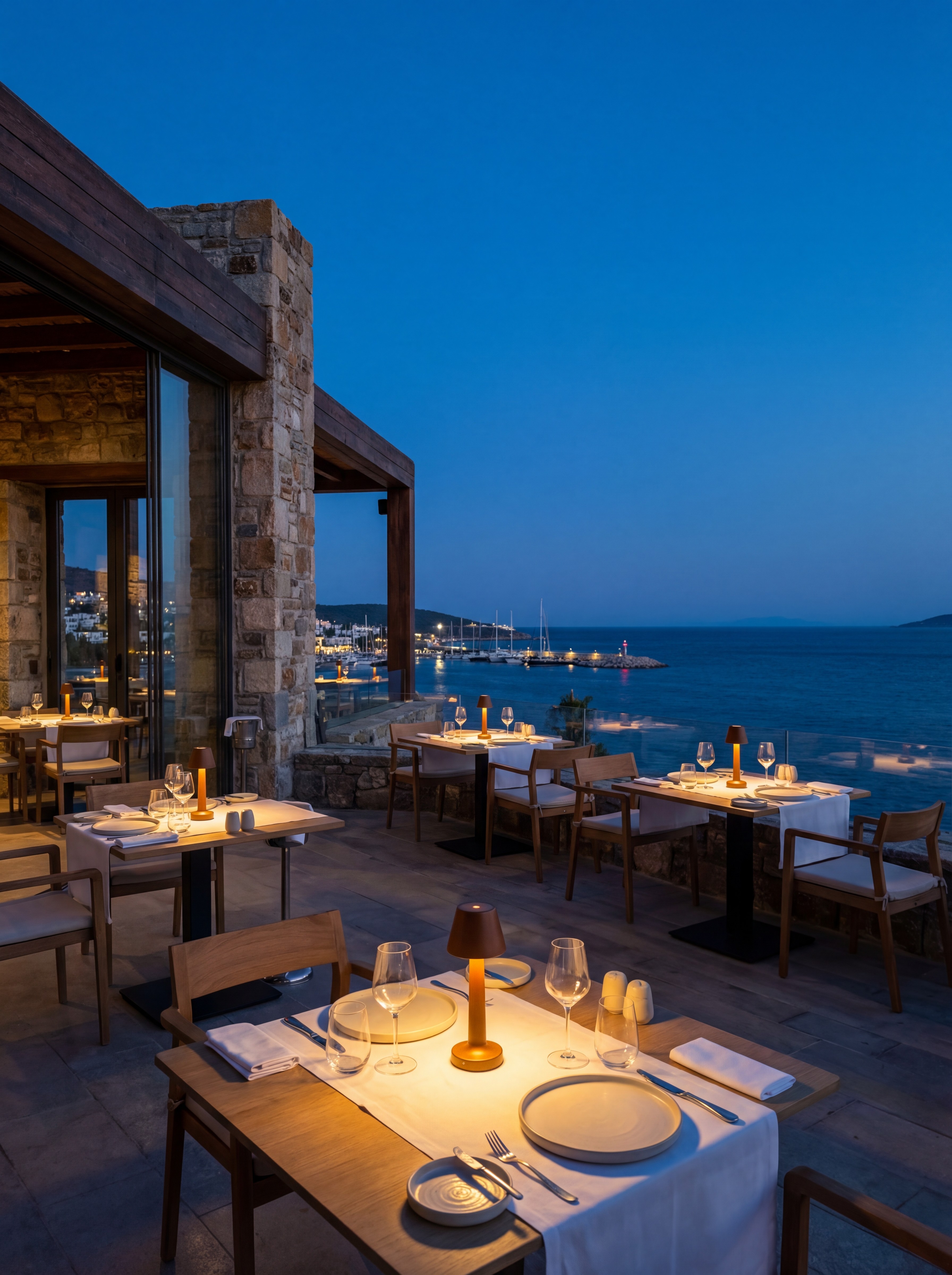 Fine dining restaurant terrace in Bodrum at night with sea views and candlelit tables