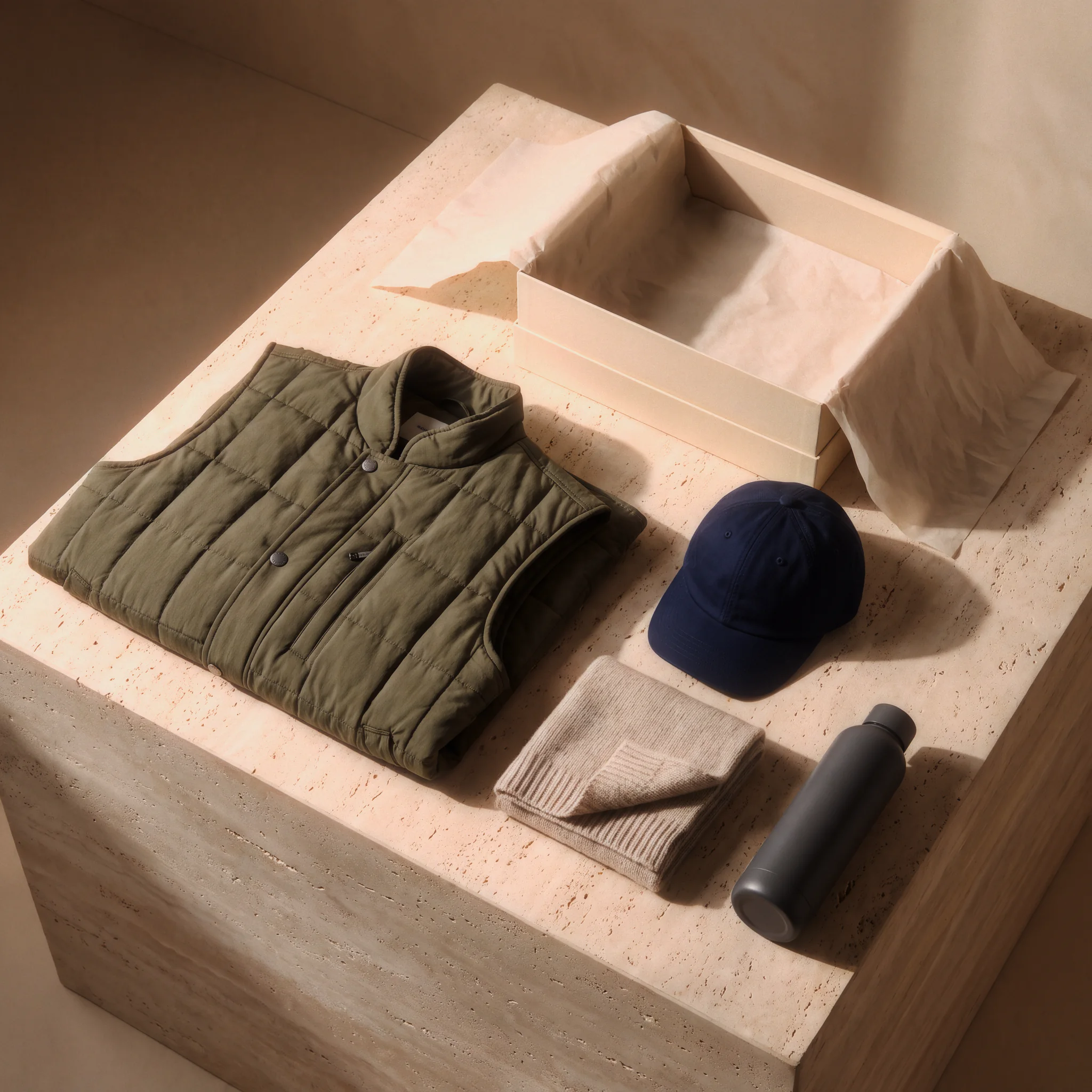 Employee welcome kit with an olive vest, navy cap, folded knitwear and reusable bottle.