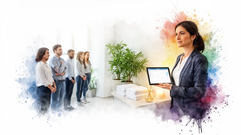Mujer profesional con tablet mostrando calendario a equipo en un entorno de spa moderno y luminoso.