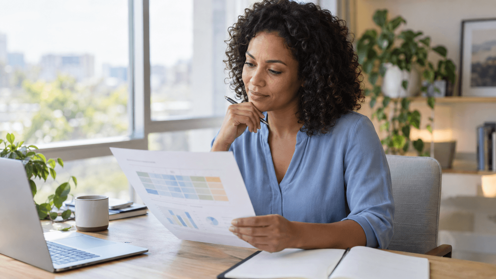 A professional reflecting and reviewing assessment results.