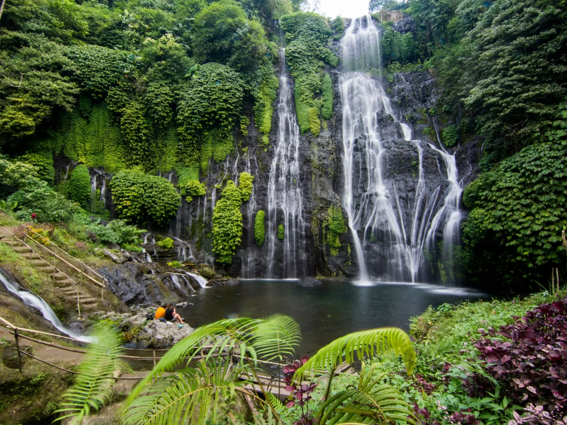 Lush tropical jungle waterfall pool.