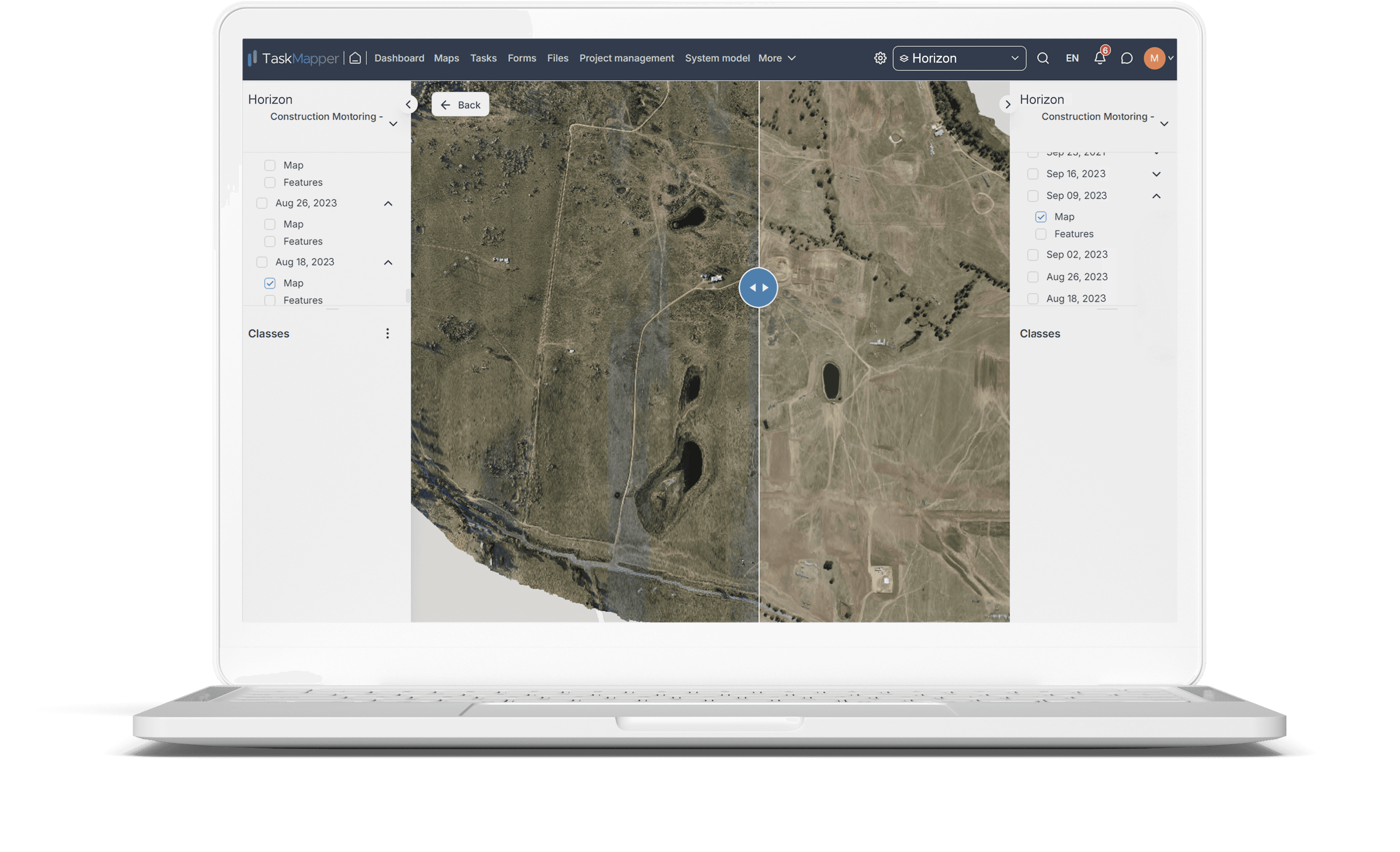 Before- and after-clearing view of a solar project site on TaskMapper MapsaskMapper Maps