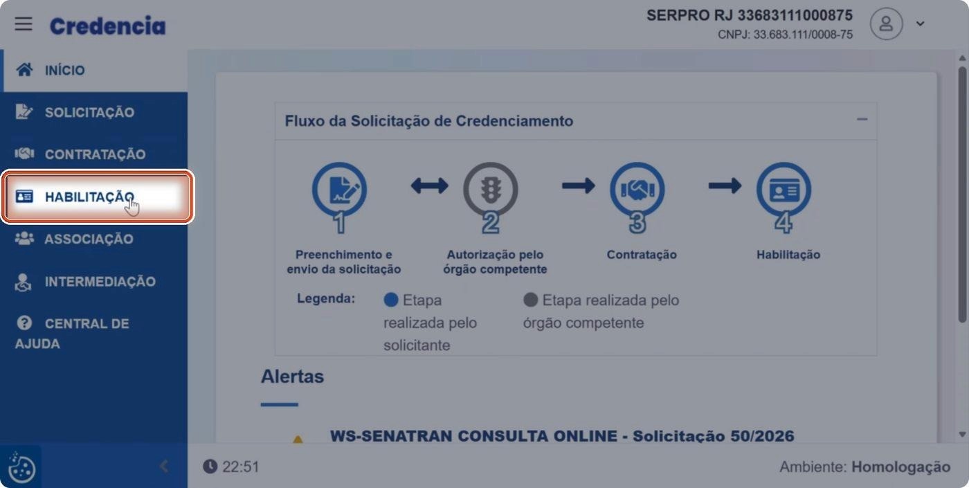 Captura de tela de referência do Credencia para Passo 1 — Abrir o menu Habilitação. Contexto: 39 — Habilitação.