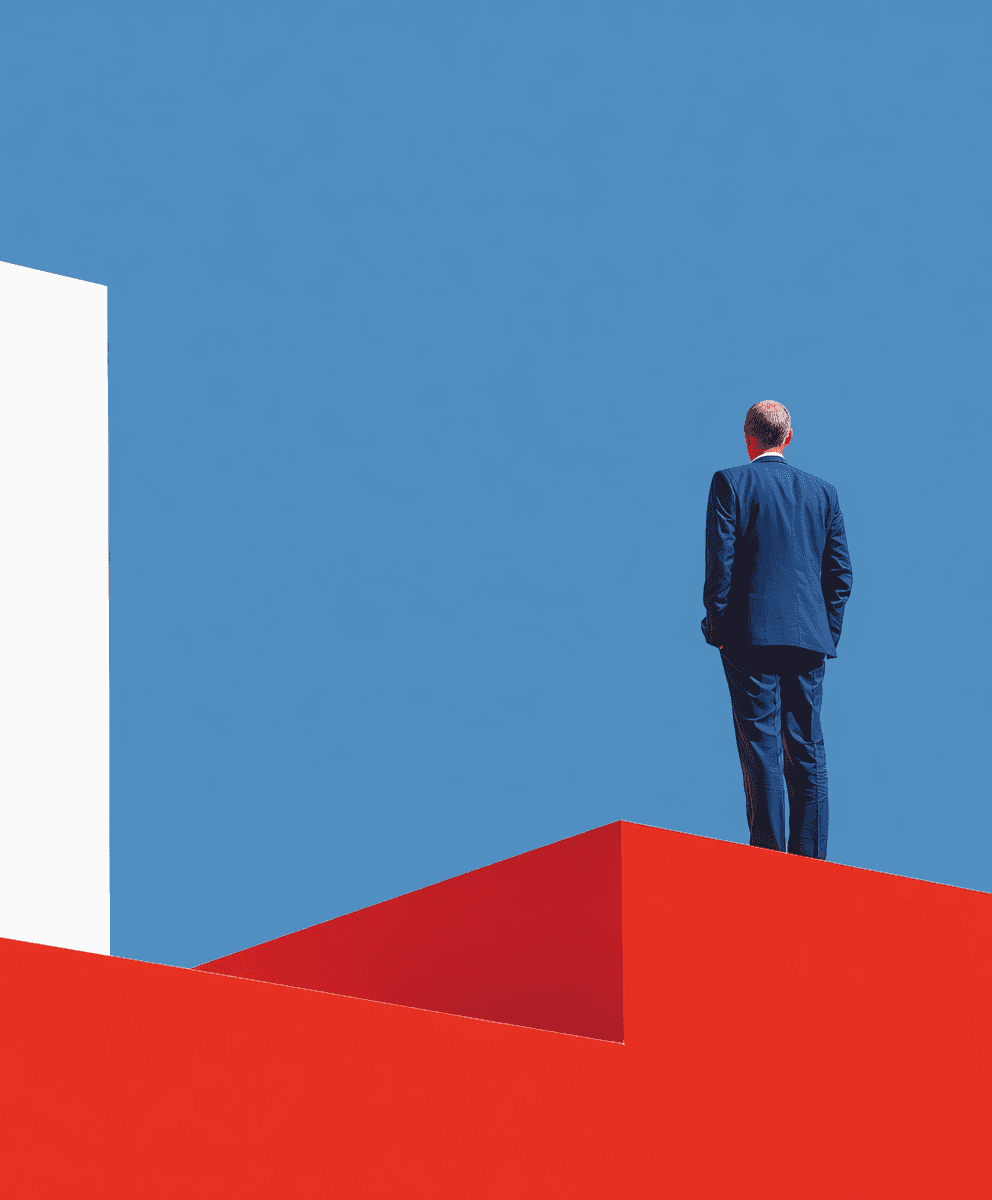 Man in a blue suit standing on a bright red geometric structure against a clear blue sky.