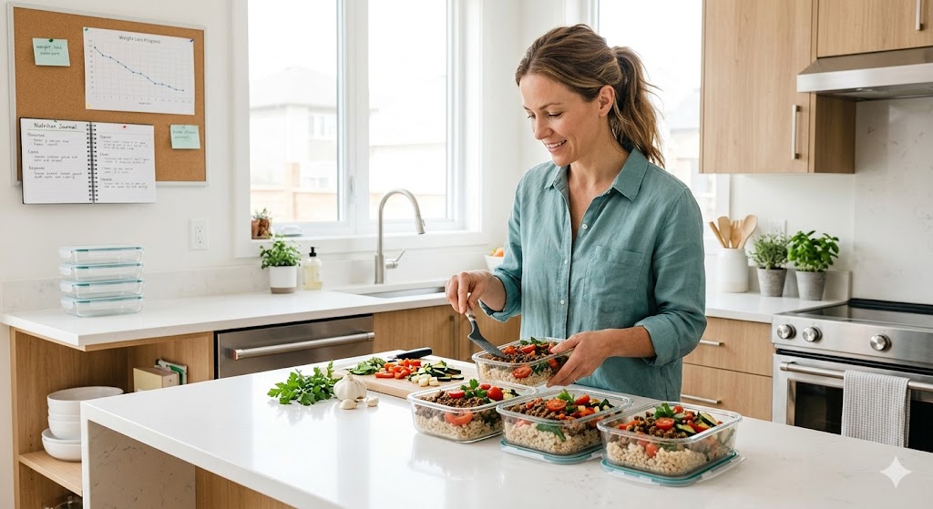 A happy woman with a ponytail, in a bright modern kitchen, prepares balanced weight-loss meals with lean ground beef, vegetables, and rice in glass containers. A progress chart and nutrition journal are in the background, promoting healthy eating.