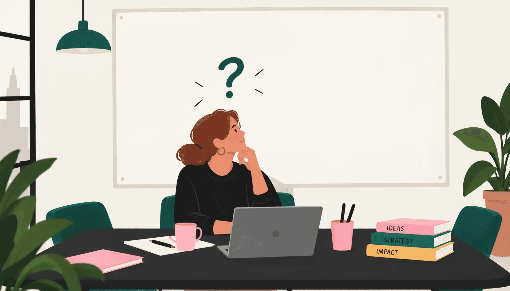 An illustration of a woman sitting at her desk, thinking, with a question mark over her head