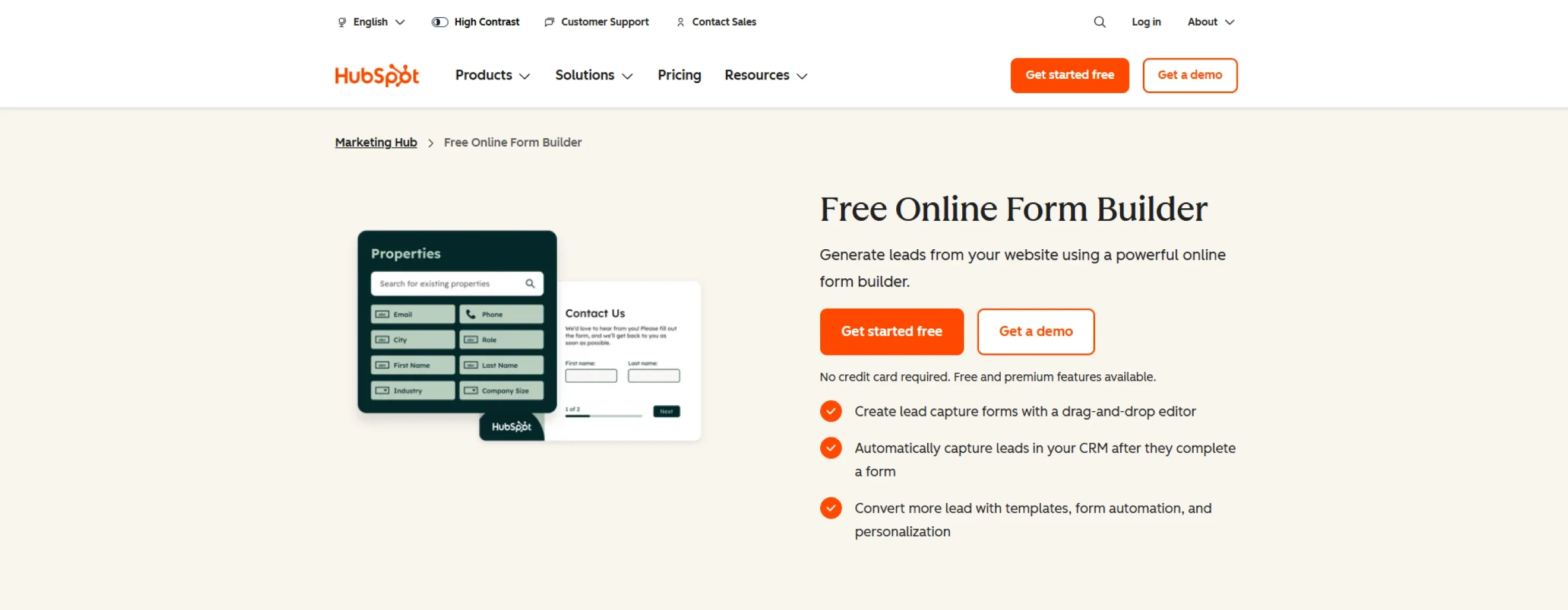 HubSpot Forms website hero section featuring the headline “Free online form builder”