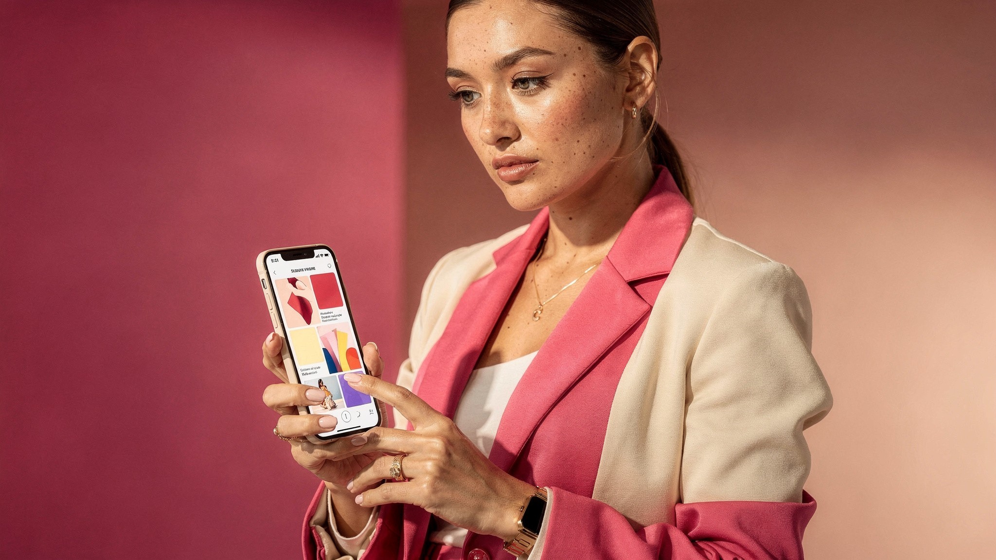 Lifestyle creator studying a content feed on her phone in a pink studio