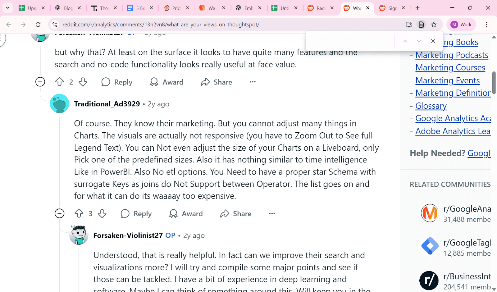 Reddit user criticism of ThoughtSpot highlighting chart customization limits, lack of ETL options, and high pricing