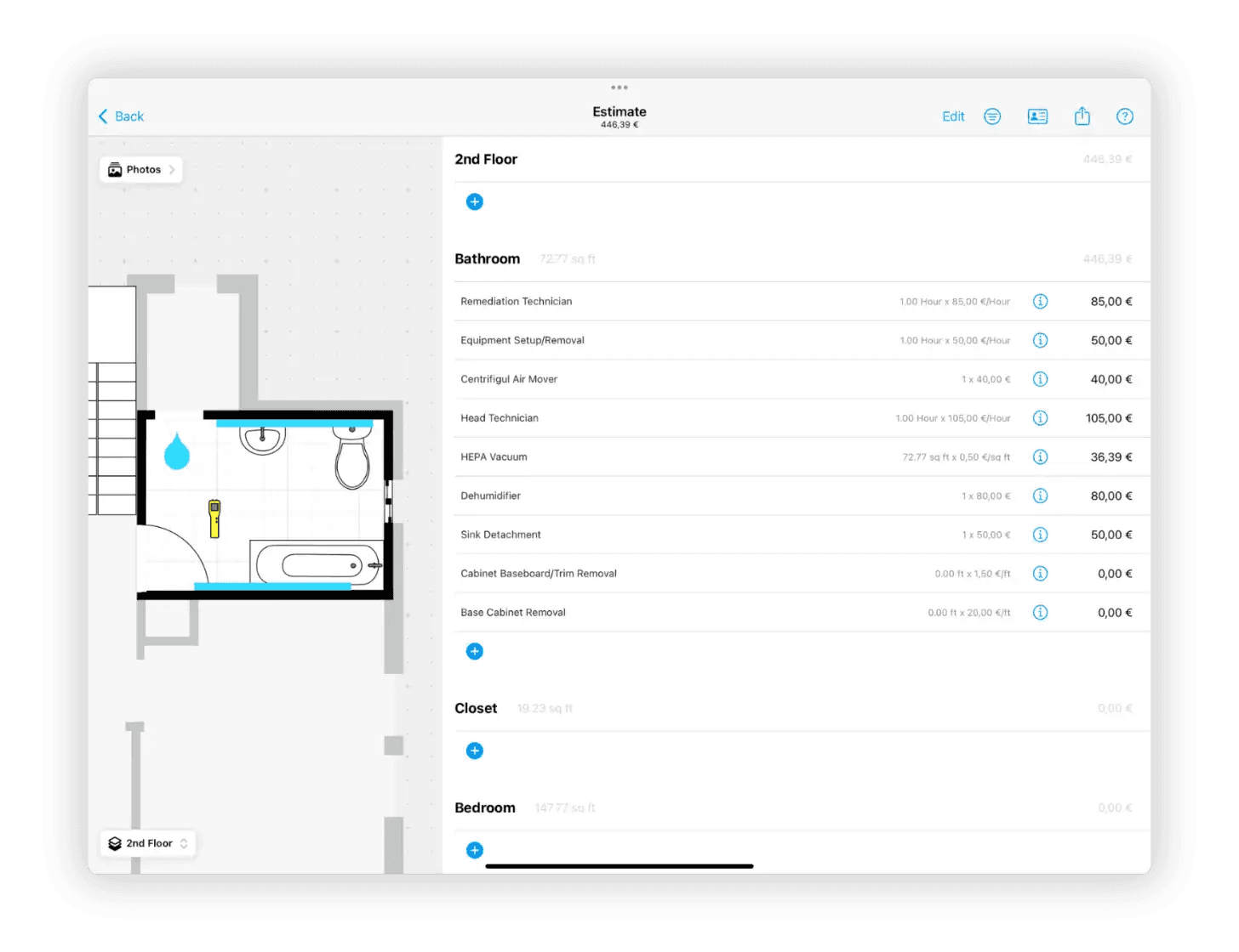 magic plan estimate view breaking down labor, equipment, and material costs by room