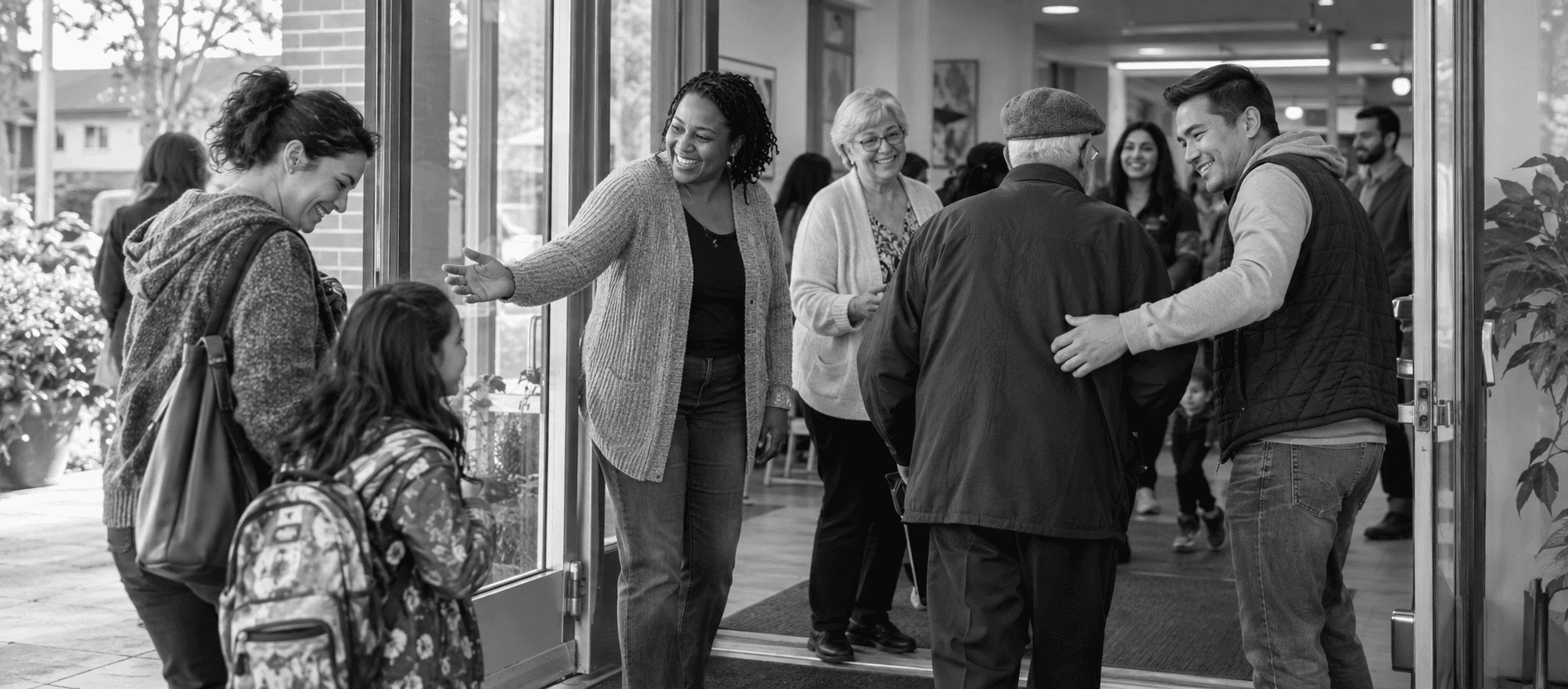 Staff and volunteers welcoming families and community members at a community centre entrance