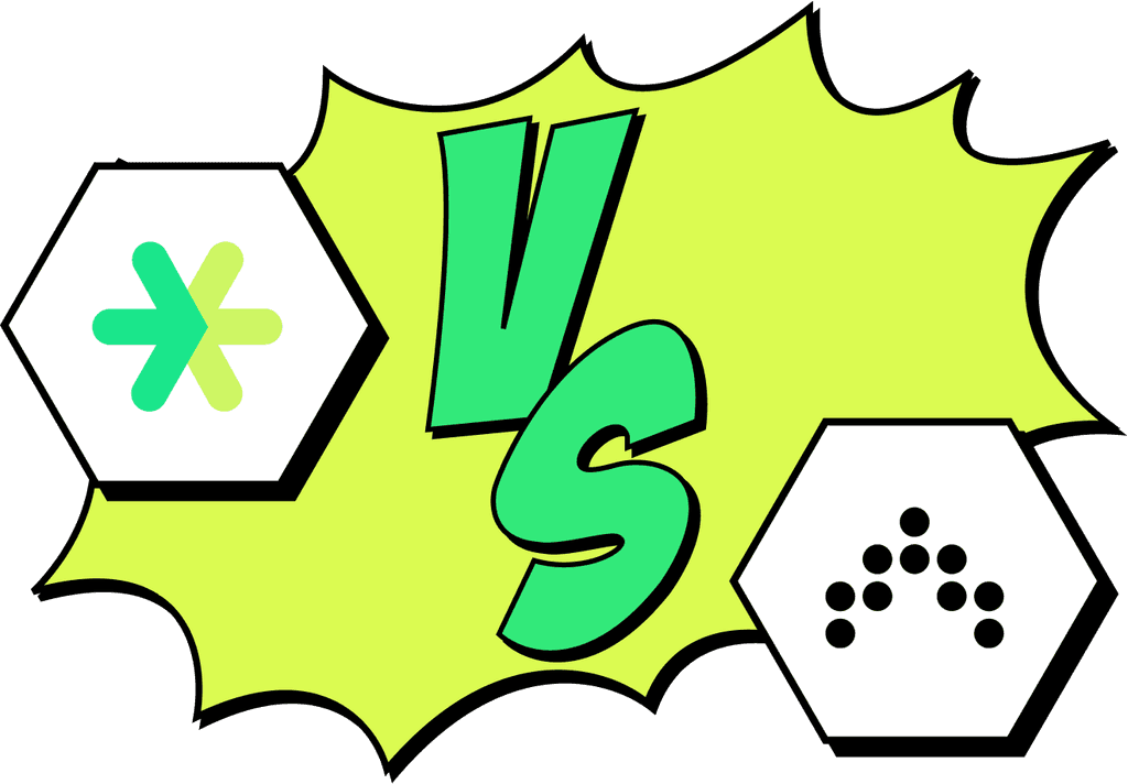 A vibrant illustration featuring a dynamic comic-style "VS" positioned centrally on a bright, starburst background, with distinctive green and black hexagonal symbols on either side, suggesting a lively comparison or competition theme.