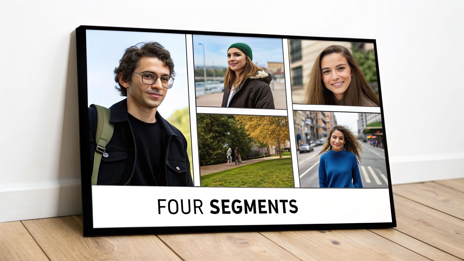 A framed collage displaying diverse individuals and a park scene, titled 'FOUR SEGMENTS'.