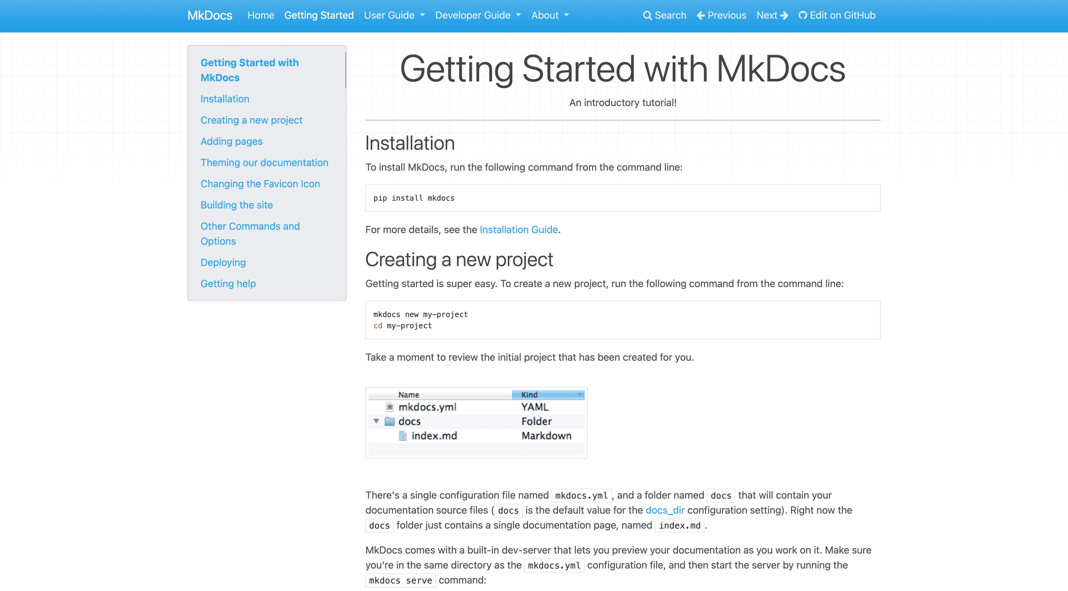 MkDocs documentation site using the Material theme with built-in search