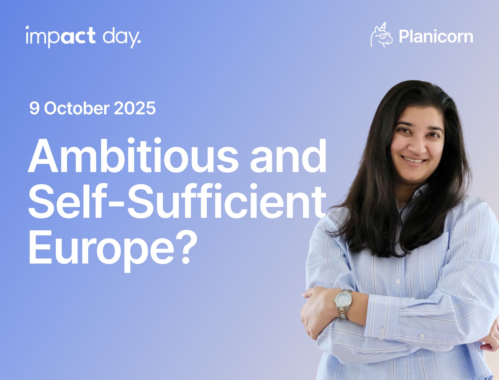 Rhea Colaso at Impact Day 2025 event, text reads Ambitious and Self-Sufficient Europe