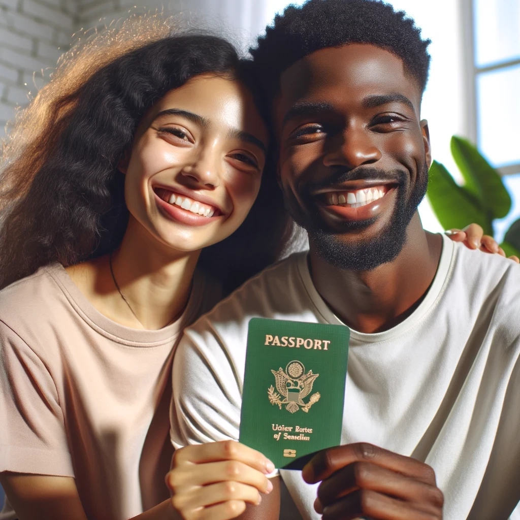 A joyful interracial couple holding a U.S. green card together, smiling in a sunlit room, symbolizing their successful navigation through the marriage-based green card process.