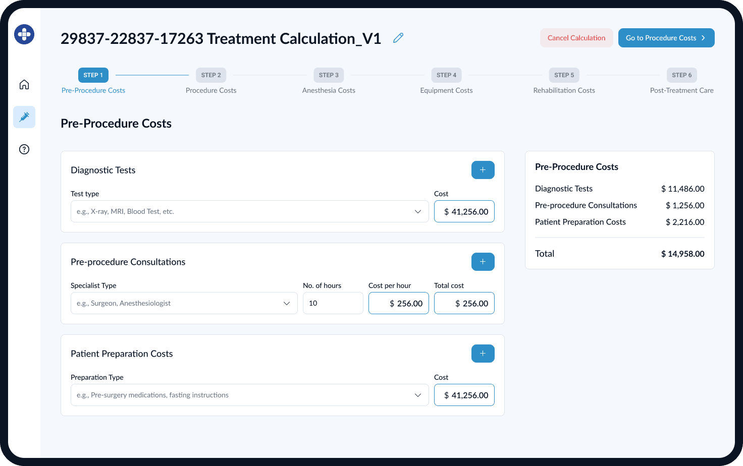 Treatment Calculation - Pre-Procedure costs
