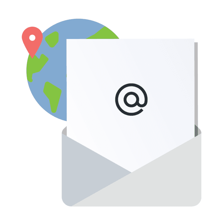Illustration of an envelope containing a paper with an @ symbol, placed in front of a globe with a red location pin. Represents global email communication or digital messaging.