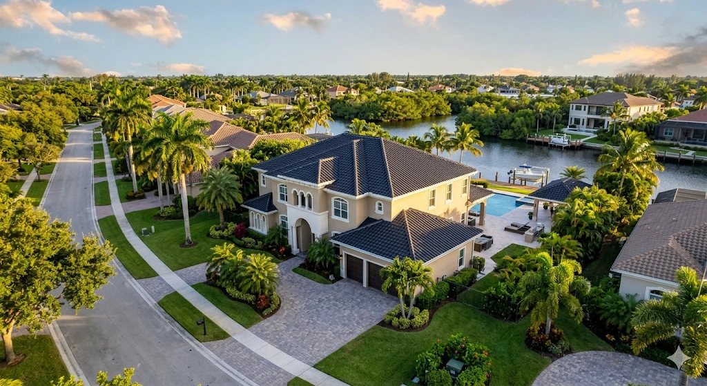 Aerial or street-level shot of a beautiful finished South Florida home with a brand new roof — tile or shingle, clean and complete. Warm afternoon light. No people